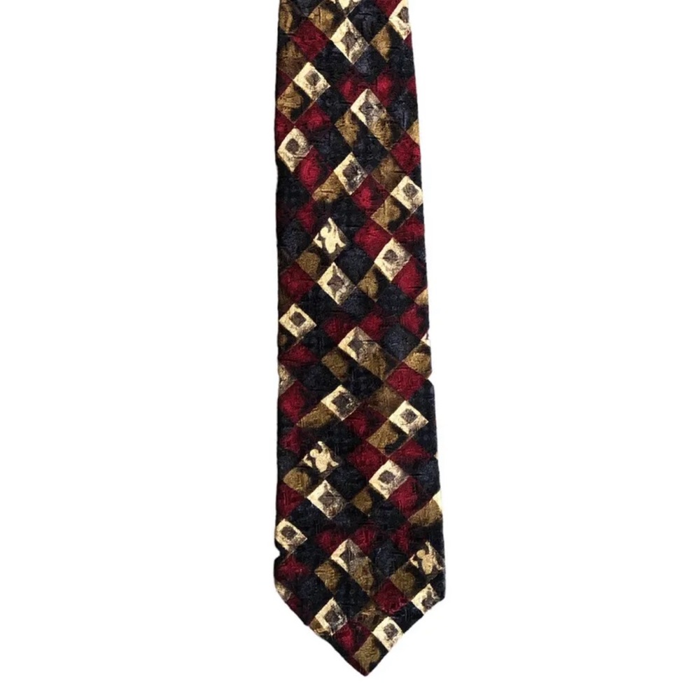 Sazzari Men’s 100% Silk Neck Tie Red Brown Geometric Design Made In Italy